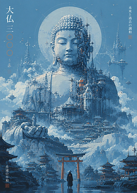 Futuristic Cyberpunk Buddha Statue Landscape