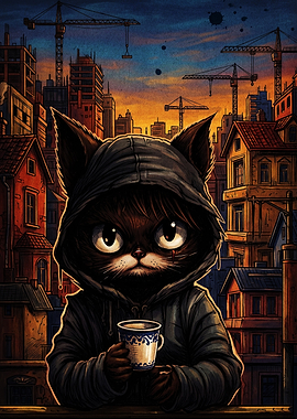 Hooded Cat Drinking Coffee in City