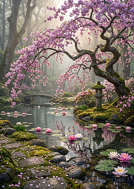 Serene Japanese Garden with Cherry Blossoms