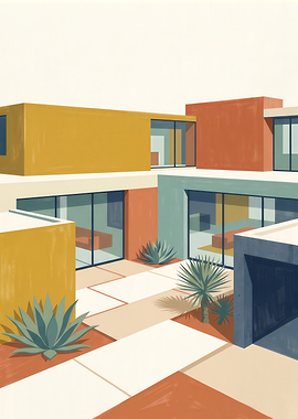 Modern Mid-Century Architectural Courtyard Illustration