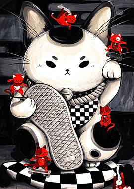 Skateboarding Maneki-Neko Cat Illustration
