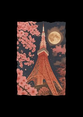 Tokyo Tower Under Full Moon