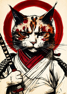 Calico Cat Samurai Warrior Portrait