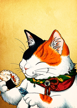 Calico Cat Eating Sushi and Fish