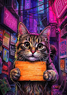 Cyberpunk Tabby Cat Holding Sign