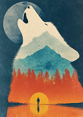 Double Exposure Wolf Howling at Moon