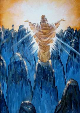 Jesus Standing Above Mountain Peaks