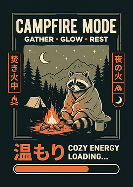 Cozy Raccoon Campfire Mode Poster