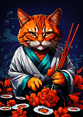 Orange Tabby Cat Samurai Sushi Chef