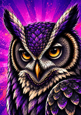 Vibrant Neon Purple Cyberpunk Owl Portrait
