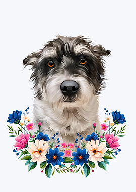 Portrait of a Dog with Flowers