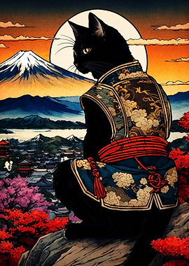 Black Cat Samurai Overlooking Mount Fuji