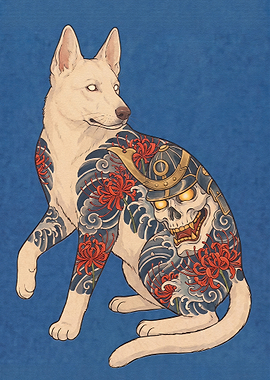 White Dog with Japanese Tattoo Art