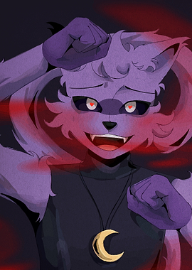 Purple Furry Character with Moon Necklace