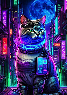 Cyberpunk Tabby Cat in Neon City