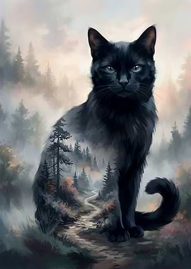 Double Exposure Black Cat Forest Art