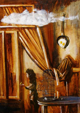 Surreal Painting of Girl and Bird