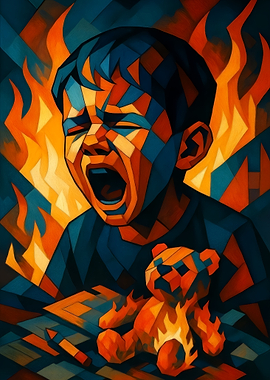 Crying Child with Burning Teddy Bear