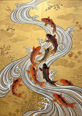 Koi Fish Swimming in Golden Stream
