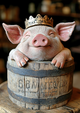 King Pig in Wooden Barrel Statue