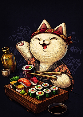 Happy Sushi Chef Cat Illustration