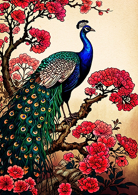 Peacock Perched Among Red Blossoms
