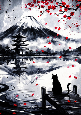 Cat Watching Mount Fuji and Pagoda