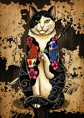Samurai Cat with Koi Tattoos