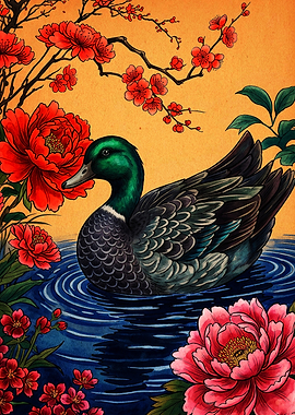 Mallard Duck Among Peonies