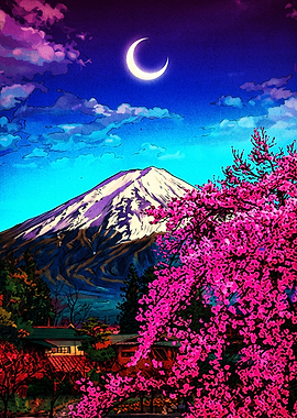 Mount Fuji Under Crescent Moon