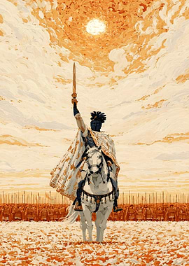 Warrior on Horseback Under Golden Sun