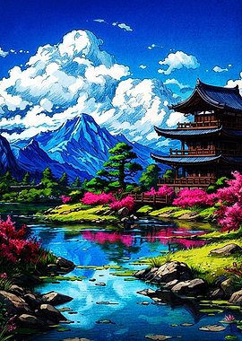 Traditional Japanese Temple Landscape