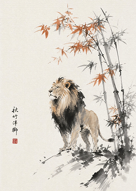 Lion Standing by Bamboo Ink Painting