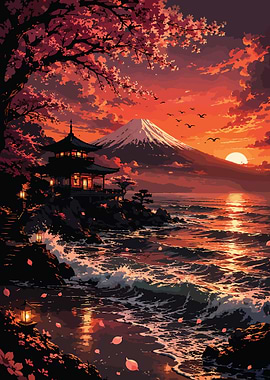 Sunset Over Mount Fuji and Temple
