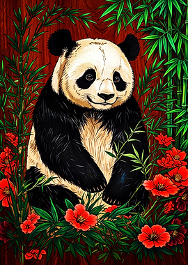 Panda Surrounded by Bamboo and Flowers
