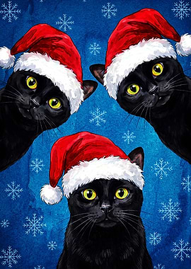 Three Black Cats in Santa Hats