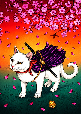 Samurai Cat Under Cherry Blossoms