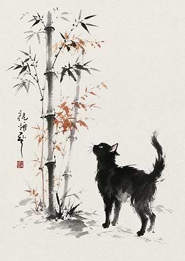 Black Cat and Bamboo Ink Painting