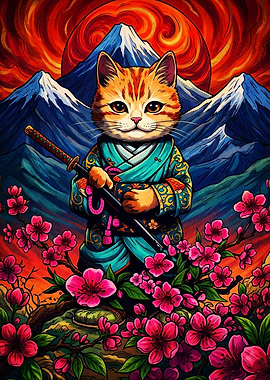 Samurai Cat with Cherry Blossoms