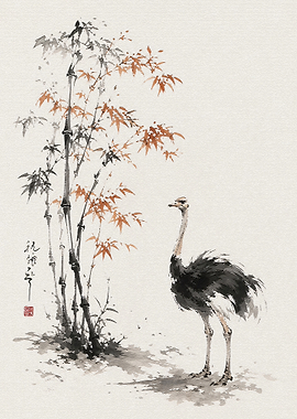 Ostrich and Bamboo Ink Wash Painting