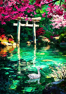 White Duck at Japanese Torii Gate