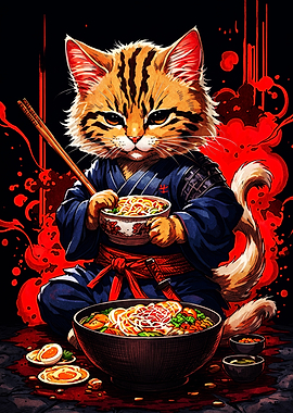 Samurai Cat Eating Ramen