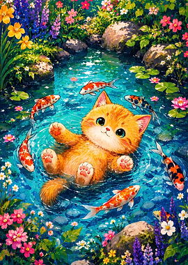 Cute Ginger Kitten Swimming with Koi