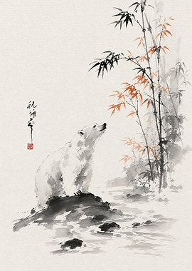 Sumi-e Style Polar Bear and Bamboo
