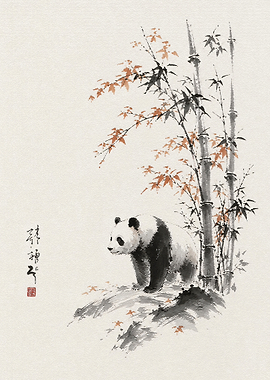 Sumi-e Style Panda and Bamboo