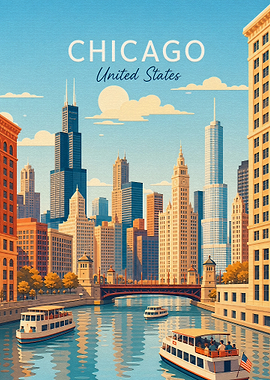 Vintage Chicago Cityscape Travel Poster