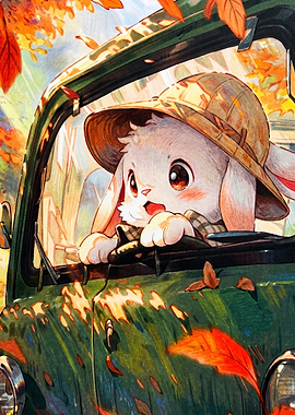 Cute Bunny Driving in Autumn