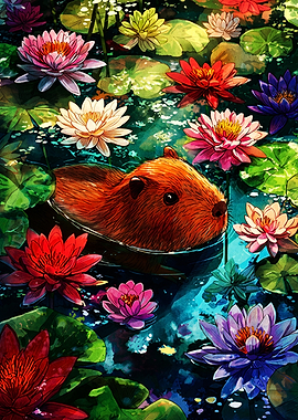 Capybara Swimming Among Colorful Water Lilies