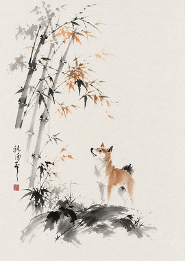 Shiba Inu with Bamboo Ink Painting