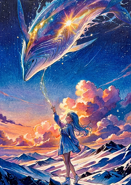 Girl Reaching for Cosmic Whale